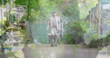 Bahçede bahçe arabası taşıyan Asyalı yaşlı adama karşı uzun ağaçların birleşik videosu. toplum bahçesi farkındalığı konsepti