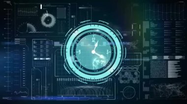 Koyu arkaplanda dijital arayüzün üzerindeki saatin animasyonu. Bilim ve veri işleme kavramı dijital olarak oluşturulmuş video.