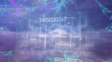 Bulutların üzerinde veri işleme animasyonu. küresel iş ve dijital arayüz kavramı dijital olarak oluşturulmuş video.