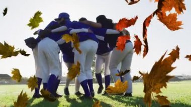 Bir araya toplanan erkek beyzbol oyuncularından oluşan takıma karşı yüzen çoklu yaprak ikonu. spor ve spor konsepti