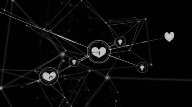 Siyah arkaplandaki simgelerle bağlantı ağının animasyonu. küresel iş ve dijital arayüz kavramı dijital olarak oluşturulmuş video.