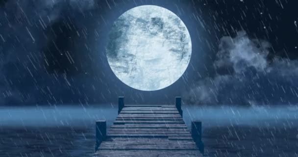 Animatie Van Houten Steiger Boven Zee Regen Volle Maan Avond — Stockvideo