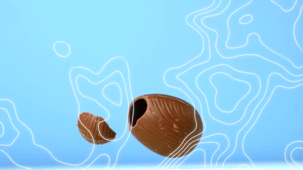 Animación Líneas Contorno Moviéndose Sobre Huevo Pascua Chocolate Cayendo Rompiéndose — Vídeos de Stock