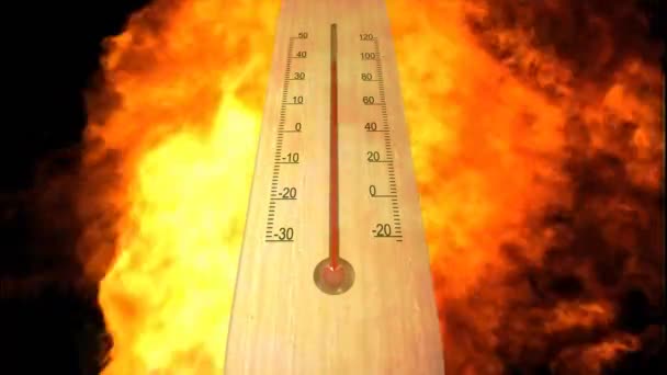 Animation Brennender Flammen Über Dem Thermometer Bei Steigender Temperatur Nachhaltigkeit — Stockvideo