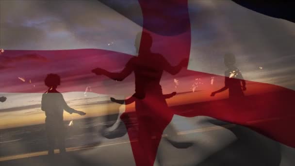 Animação Acenar Com Bandeira Inglaterra Sobre Grupo Amigos Praia Viagens — Vídeo de Stock