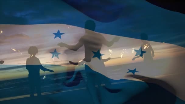 Animation Agitation Drapeau Honduras Sur Groupe Amis Sur Plage Concept — Video