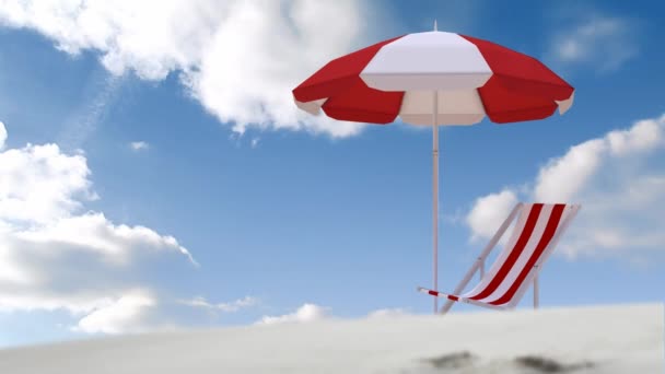 阳光明媚的海滩上 红白相间的阳伞和躺椅的动画效果 旅行和假日概念数码录像 — 图库视频影像