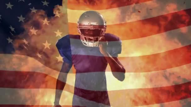 Анимация Размахивания Флагом Сша Падения Конфетти Над Американским Футболистом Глобальный — стоковое видео
