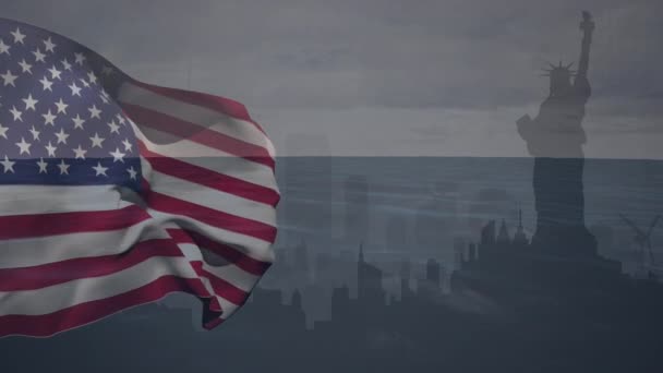 Анимация Размахивания Американским Флагом Над Городским Пейзажем Американский Патриотизм Независимость — стоковое видео
