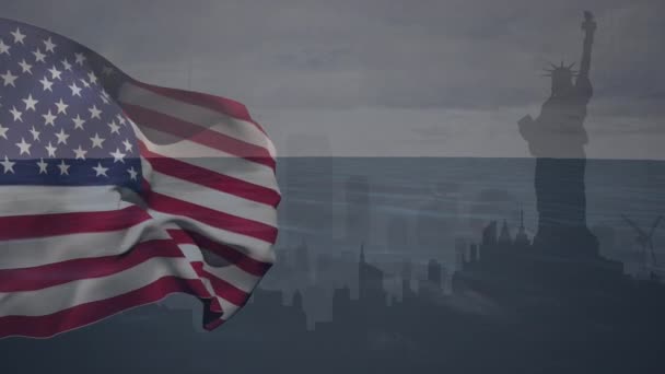 Animation Des Schwenkens Der Amerikanischen Flagge Über Dem Stadtbild Amerikanischer — Stockvideo