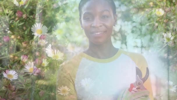 Composite Video Flowers Garden Portrait African American Woman Smiling Community — Stock Video