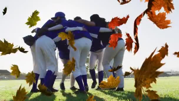 Icono Hojas Múltiples Flotando Contra Equipo Jugadores Béisbol Masculinos Formando — Vídeo de stock