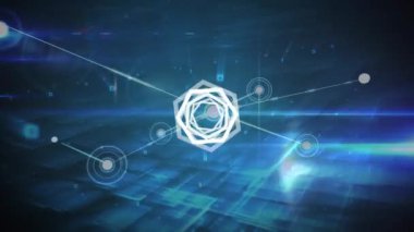 Karanlık arka plandaki bağlantı ağı üzerinden geometrik şeklin animasyonu. Bilim ve veri işleme kavramı dijital olarak oluşturulmuş video.