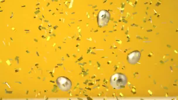 Animation Von Goldenem Konfetti Und Goldverpackten Schokoladen Ostereiern Die Auf — Stockvideo