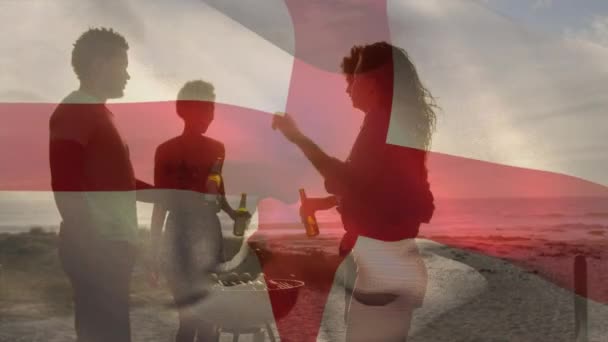 Animación Ondear Bandera Inglaterra Sobre Grupo Amigos Playa Concepto Viajes — Vídeos de Stock