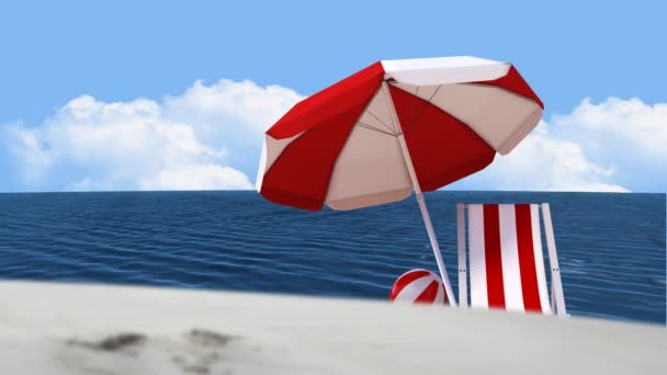 Güneşli Bir Günde Kumsalda Kırmızı Beyaz Şemsiye Iskemle Animasyonu Seyahat — Stok video