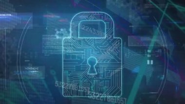 Mavi arka planda veri ve dijital asma kilit animasyonu. küresel internet güvenliği, veri işleme, bağlantılar ve dijital arayüz konsepti dijital olarak oluşturulmuş video.