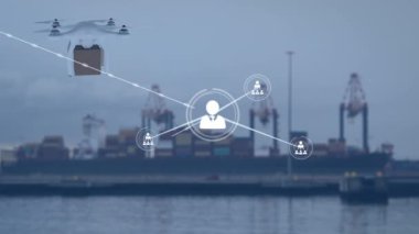 Liman üzerinde simgeler ve dağıtım insansız hava aracıyla bağlantı ağının animasyonu. küresel bağlantılar, dağıtım, ulaşım ve modern teknoloji konsepti dijital olarak oluşturulmuş video.