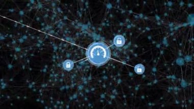 Siyah arkaplan üzerindeki simgelerle bağlantı ağının animasyonu. küresel ağ, bağlantılar ve teknoloji konsepti dijital olarak oluşturulmuş video.
