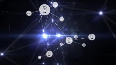 Siyah arkaplan üzerindeki simgelerle bağlantı ağının animasyonu. küresel ağ, bağlantılar ve teknoloji konsepti dijital olarak oluşturulmuş video.