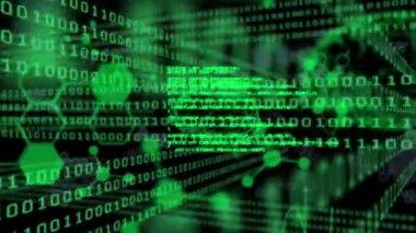 İkili kod animasyonu ve siyah arka planda bilimsel veri işleme. bilgisayarlar, bilim ve teknoloji konsepti dijital olarak oluşturulmuş video.