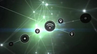 Siyah ve yeşil arkaplan üzerindeki simgelerle bağlantı ağının animasyonu. küresel ağ, bağlantılar ve teknoloji konsepti dijital olarak oluşturulmuş video.