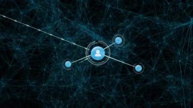 Siyah arkaplan üzerindeki simgelerle bağlantı ağının animasyonu. küresel ağ, bağlantılar ve teknoloji konsepti dijital olarak oluşturulmuş video.