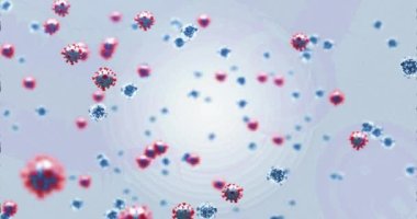 Dairesel ve mavi arkaplan üzerinde virüs hücrelerinin animasyonu. Coronavirus covid 19 salgını sırasında dijital olarak üretilen video.