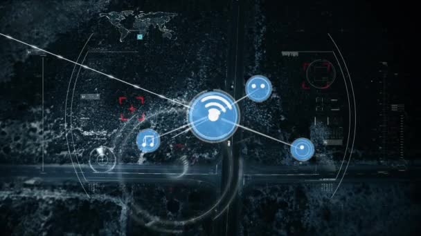 Animacja Sieci Połączeń Ikonami Nad Ruchem Drogowym Globalne Połączenia Transport — Wideo stockowe