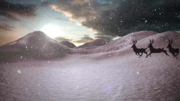 Animação Neve Caindo Sobre Silhueta Papai Noel Trenó Com Renas — Vídeo de Stock