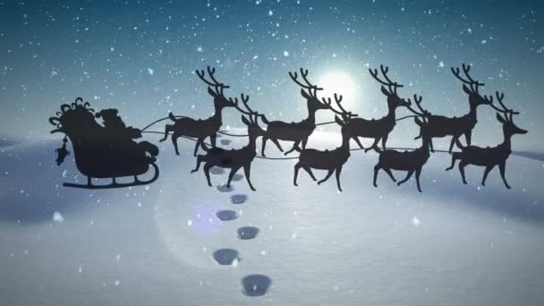 Animación Nieve Cayendo Sobre Silueta Santa Claus Trineo Con Renos — Vídeos de Stock
