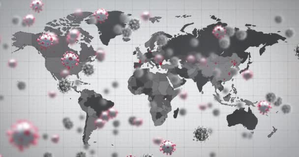 在世界地图上和灰色背景上显示病毒细胞的动画 食管癌大流行期间的健康与药物数字录象 — 图库视频影像