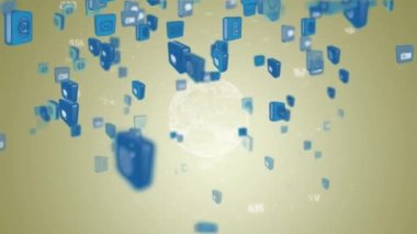 Sarı zemin üzerinde simgelerin, veri işleme cihazlarının ve kürenin animasyonu. küresel bağlantılar, veri işleme ve teknoloji konsepti dijital olarak oluşturulmuş video.