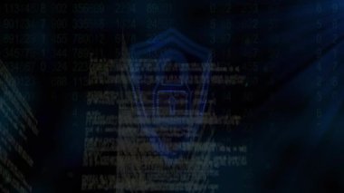 Veri animasyonu ve siyah arkaplanda dijital asma kilit. küresel internet güvenliği, veri işleme, bağlantılar ve dijital arayüz konsepti dijital olarak oluşturulmuş video.