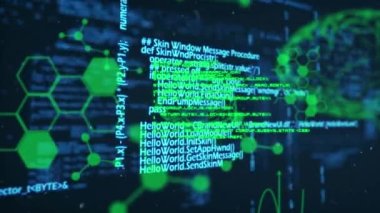 Siyah arka planda bilgisayar ve bilimsel veri işleme animasyonu. bilgisayarlar, bilim ve teknoloji konsepti dijital olarak oluşturulmuş video.