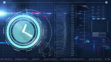 Farklı verilerle ekranda hareket eden saatin animasyonu. küresel bağlantılar, zaman, veri işleme ve teknoloji konsepti dijital olarak oluşturulmuş video.