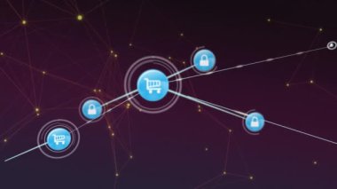 Siyah ve mor arkaplan üzerindeki simgelerle bağlantı ağının animasyonu. küresel ağ, bağlantılar ve teknoloji konsepti dijital olarak oluşturulmuş video.