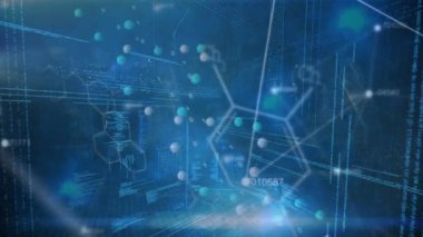Mavi arka planda veri işleme, DNA ve bilimsel verilerin animasyonu. Bilim, insan biyolojisi, teknoloji ve dijital arayüz konsepti dijital olarak oluşturulmuş video.