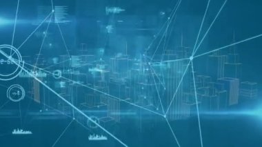 3D şehir manzarası üzerinde istatistiklerle bağlantı ağının animasyonu. küresel ağlar, bağlantılar ve dijital arayüz konsepti dijital olarak oluşturulmuş video.