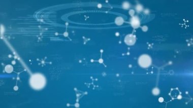 Mavi arka planda moleküllerin, DNA 'ların ve bilimsel verilerin animasyonu. Bilim, insan biyolojisi, teknoloji ve dijital arayüz konsepti dijital olarak oluşturulmuş video.