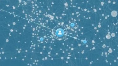 Mavi arkaplan üzerindeki simgelerle bağlantı ağının canlandırılması. küresel ağ, bağlantılar ve teknoloji konsepti dijital olarak oluşturulmuş video.