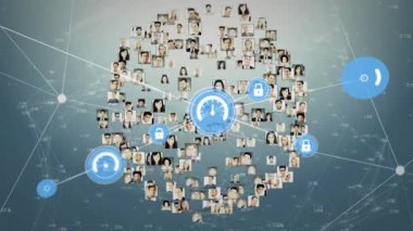 Gri arkaplan üzerinde simgeler ve kullanıcı fotoğraflarıyla bağlantı ağının animasyonu. küresel ağ, bağlantılar ve teknoloji konsepti dijital olarak oluşturulmuş video.