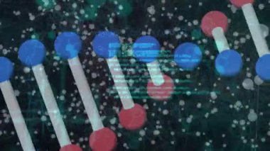 Siyah arka planda DNA, molekül ve veri işleme animasyonu. Bilim, insan biyolojisi, teknoloji ve dijital arayüz konsepti dijital olarak oluşturulmuş video.