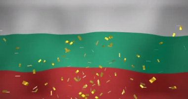 Bulgaria bayrağı üzerinde konfeti animasyonu. Dijital olarak üretilen bayraklar, ulusal semboller ve vatanseverlik kavramı.