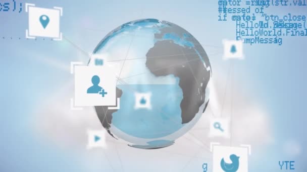 Animation von Symbolen, Datenverarbeitung und Globus auf blauem Hintergrund. Globale Verbindungen, Datenverarbeitung und Technologiekonzept digital generiertes Video.