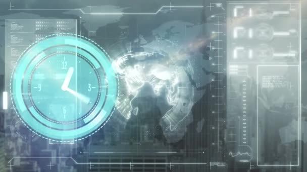 Animação Relógio Movendo Sobre Processamento Dados Globo Conexões Globais Tempo — Vídeo de Stock