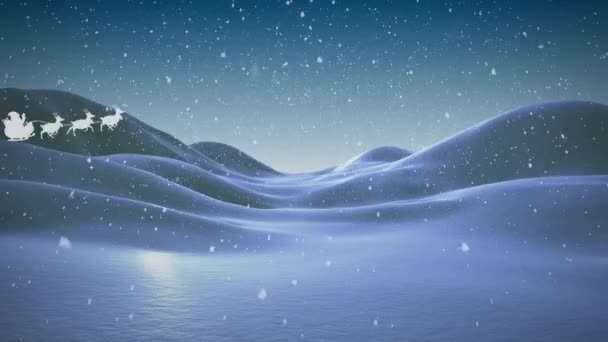 Анімація Снігу Падає Над Силуетом Санта Клауса Санчатах Оленями Зимових — стокове відео