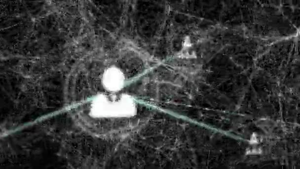 Animation von Verbindungsnetzwerken mit Symbolen auf schwarzem Hintergrund. Globales Netzwerk, Verbindungen und Technologiekonzept digital generiertes Video.