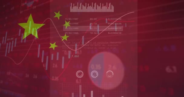 Анімація Фінансових Даних Графіків Над Прапором Китаю Глобальна Економіка Фінанси — стокове відео