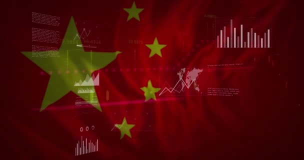 Animacja Danych Finansowych Wykresów Nad Flagą Chin Globalna Koncepcja Gospodarki — Wideo stockowe